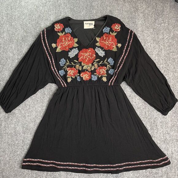 Savanna Jane Dress Size Small Embroidered Floral Long Sleeve Stretch Waist Boho - Picture 2 of 9